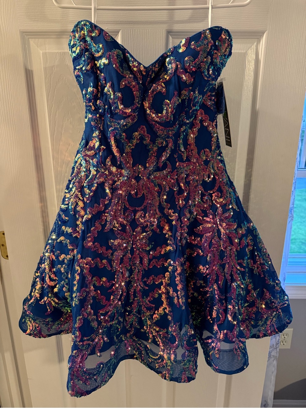 Jovani Navy Strapless Mini Dress with Multicolor Sequin Embroidery